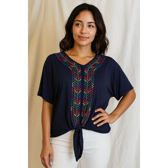 Democracy Embroidered Tie-Front Navy Top – Size S – Boho Festival Style – NWT - Picture 1 of 7